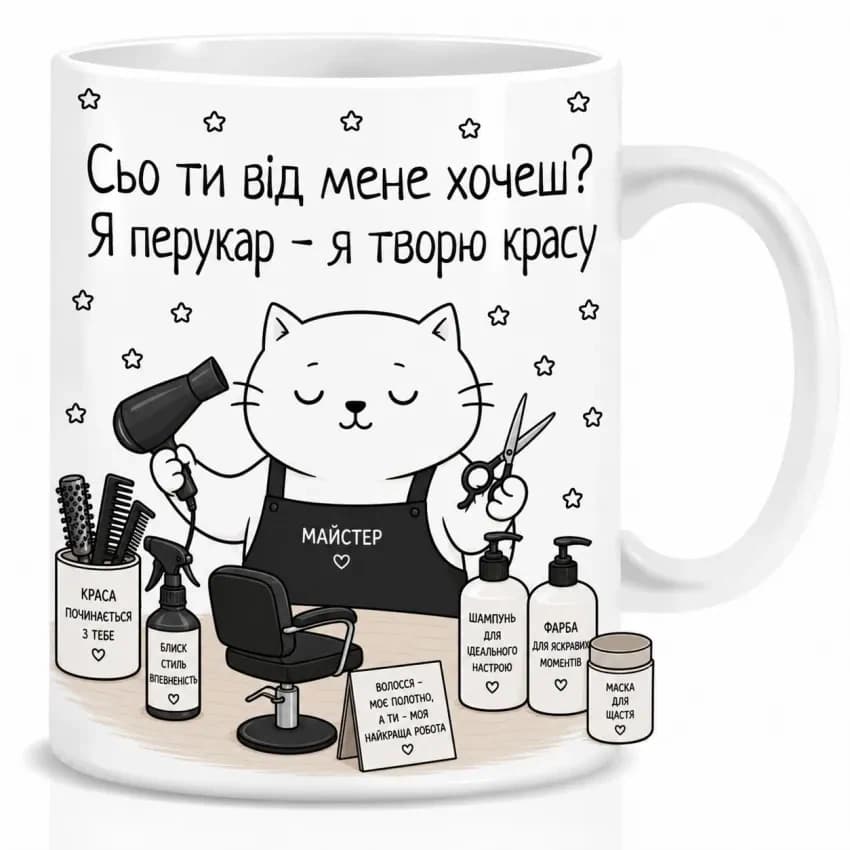 Оригінальна чашка з приколом для перукаря, Кіт перукар - зображення 1