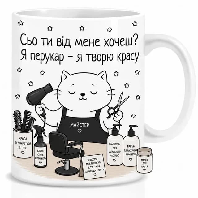 Оригінальна чашка з приколом для перукаря, Кіт перукар