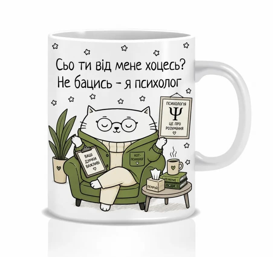 Оригінальна чашка з приколом для психолога, Кіт психолог - зображення 1