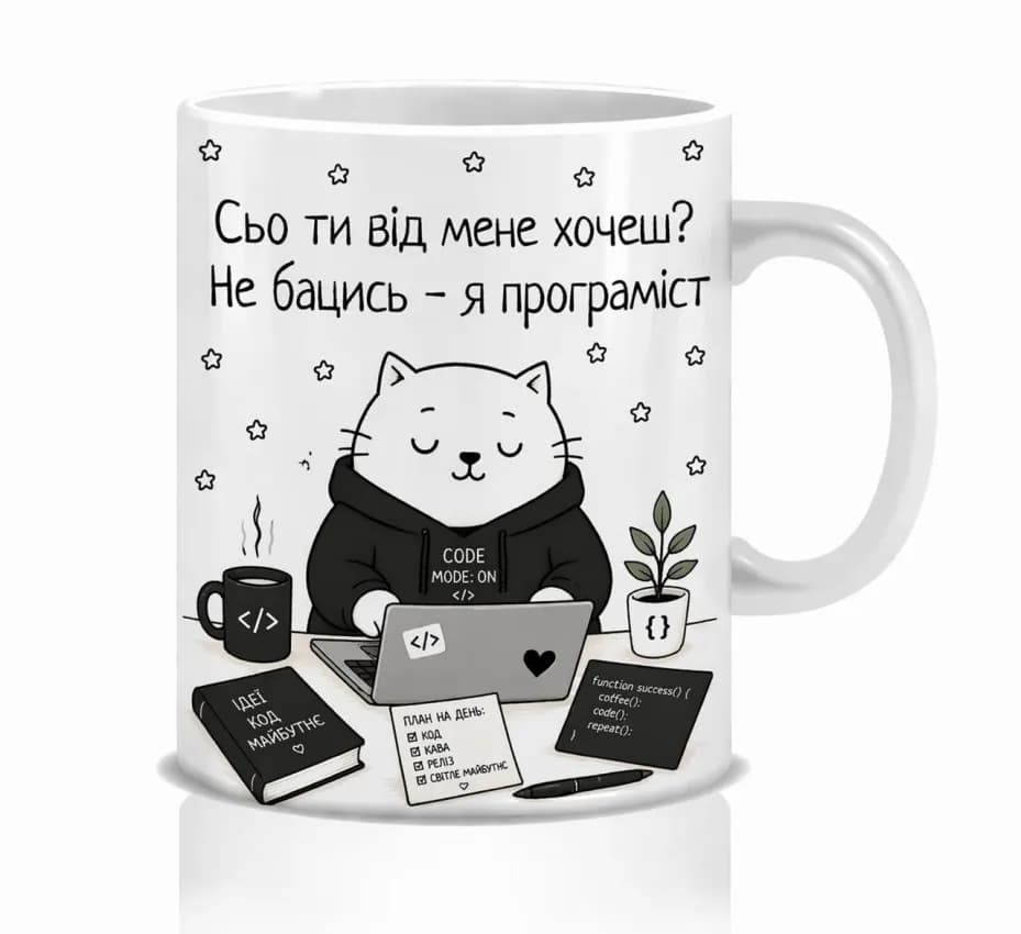 Оригінальна чашка з приколом для програміста, Кіт програміст - зображення 1