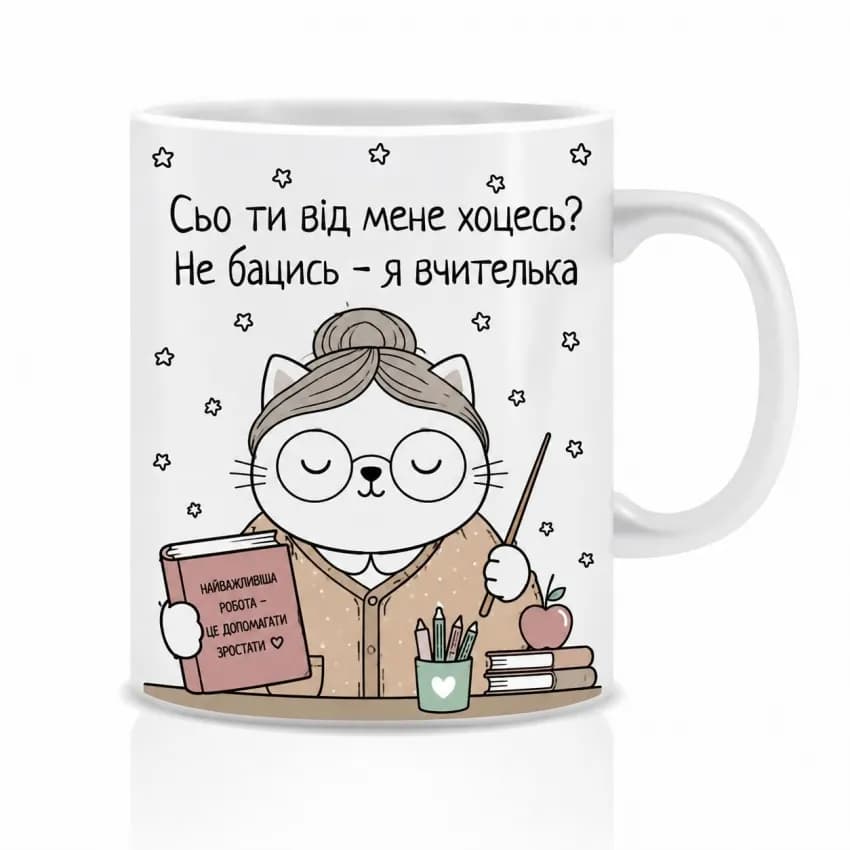 Оригінальна чашка з приколом для вчительки , Кіт вчителька - зображення 1