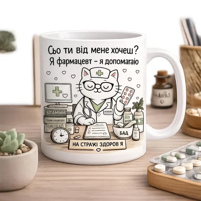 Оригінальна чашка з приколом для фармацевта, Кіт фармацевт - зображення 1